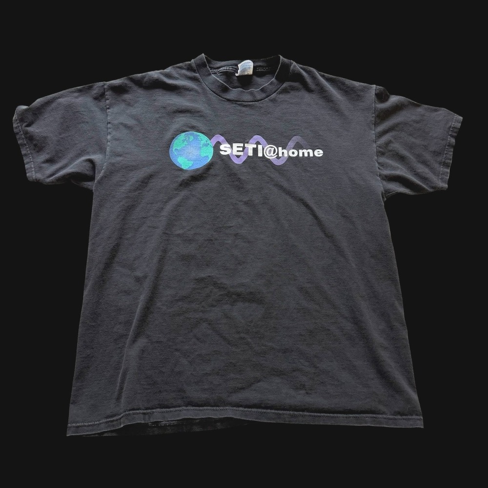 Vintage 90's SETI@home UC Berkeley Satellite Space Science T-Shirt Black XL